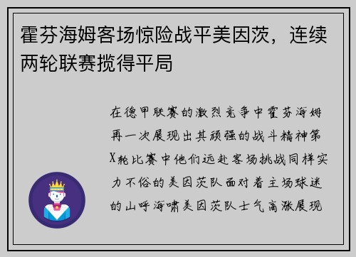 霍芬海姆客场惊险战平美因茨，连续两轮联赛揽得平局