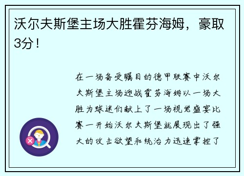 沃尔夫斯堡主场大胜霍芬海姆，豪取3分！