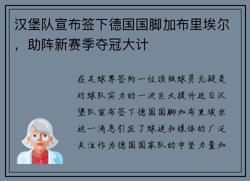 汉堡队宣布签下德国国脚加布里埃尔，助阵新赛季夺冠大计