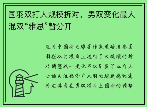 国羽双打大规模拆对，男双变化最大混双“雅思”暂分开