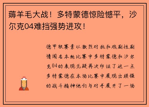 薅羊毛大战！多特蒙德惊险憾平，沙尔克04难挡强势进攻！